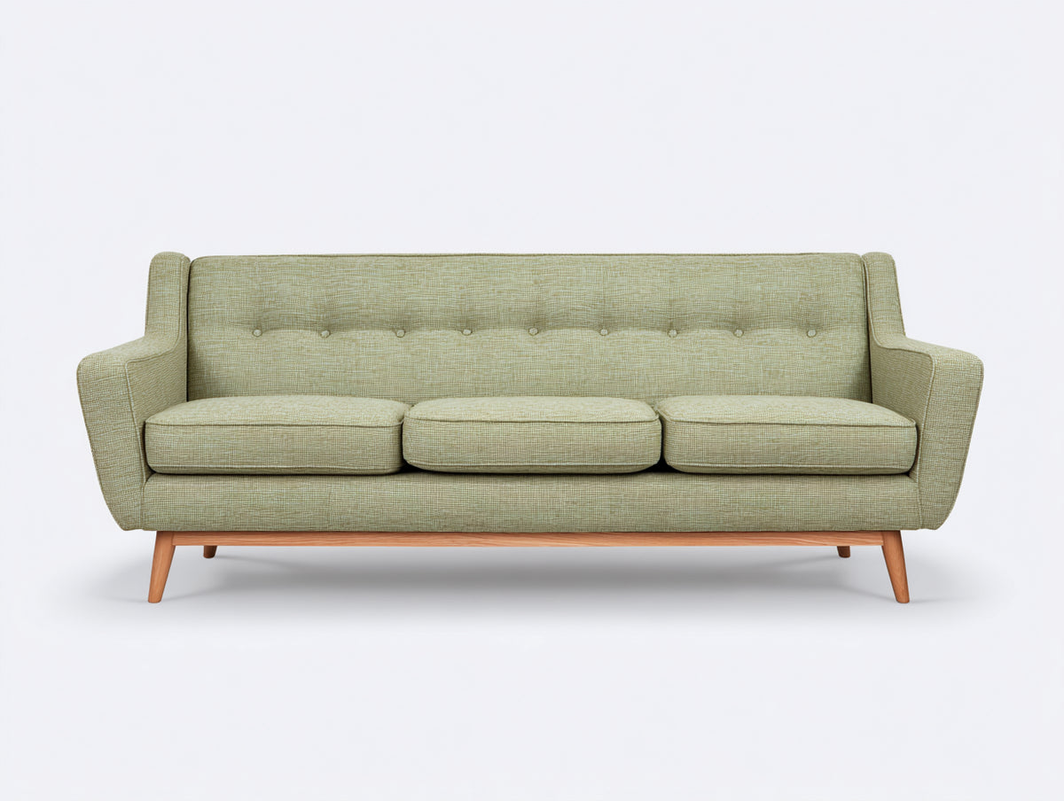 3 Sitzer Sofas - Stoffbezug 200 x 82 x 82 cm - Hellgrün mit Holzfüßen - Retro Design für Wohnzimmer