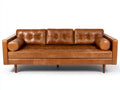 3 Sitzer Sofas - Bezug in Lederoptik 210 x 88 x 82 cm - Cognacbraun mit Holzfüßen - Retro Design für Wohnzimmer