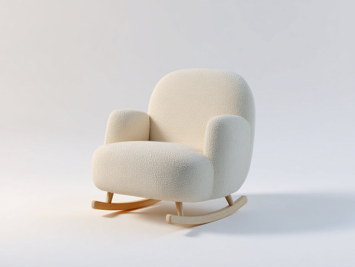 Schaukelstühle - Bouclé Stoffbezug 78 x 90 x 98 cm - Cremeweiß mit Holzgestell - Moderner gepolsterter Schaukelstuhl