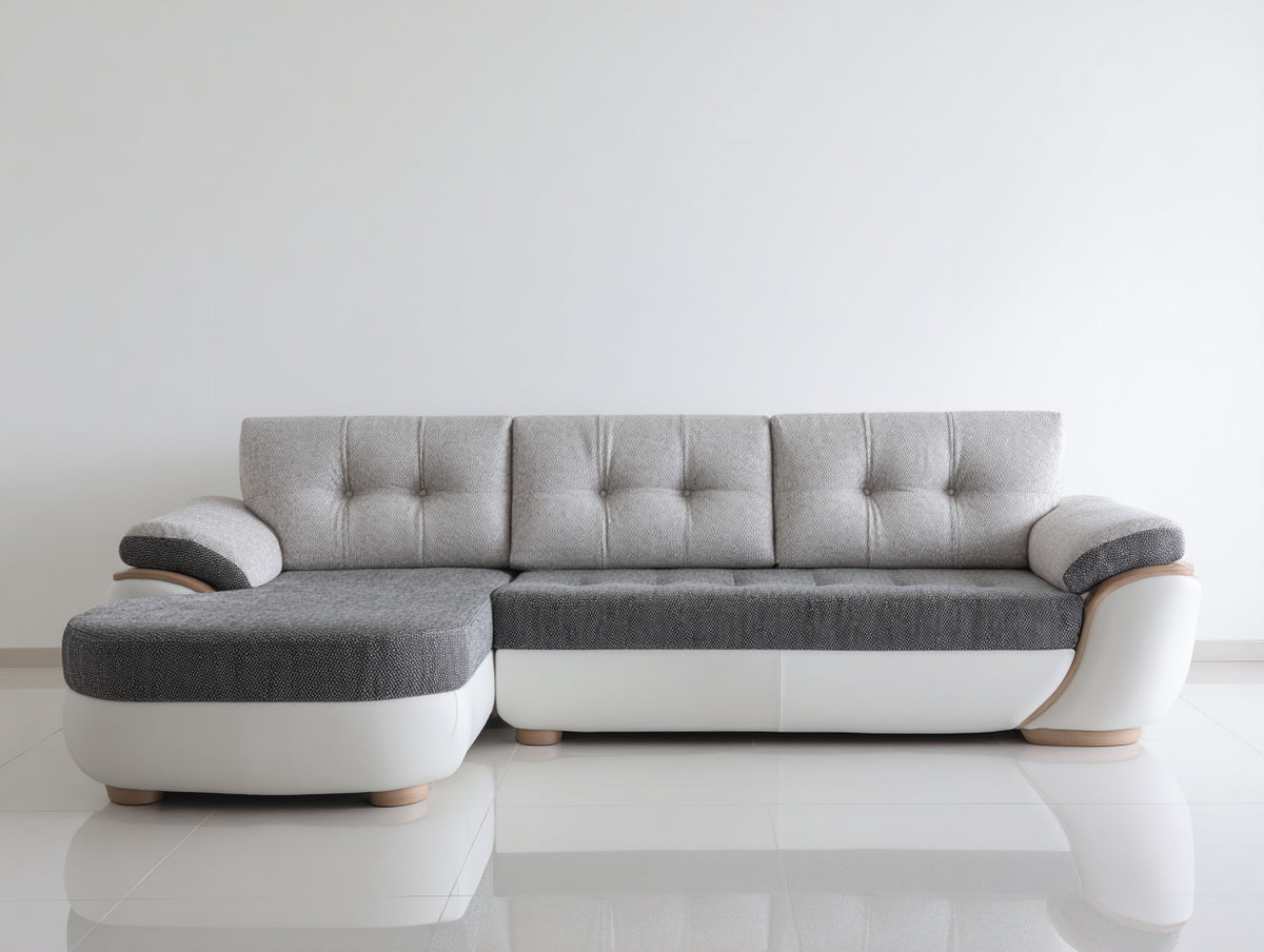 Ecksofa - Stoff und Kunstleder 260 x 170 x 88 cm - Hellgrau Dunkelgrau und Weiß - Moderne Wohnlandschaft mit Ottomane