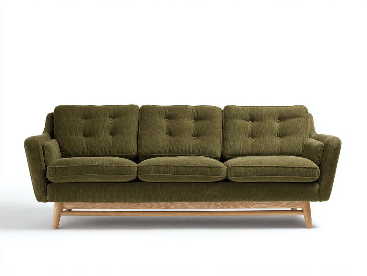 3 Sitzer Sofas - Stoffbezug 210x86x84 cm - Olivgrün - Retrodesign mit Holzgestell
